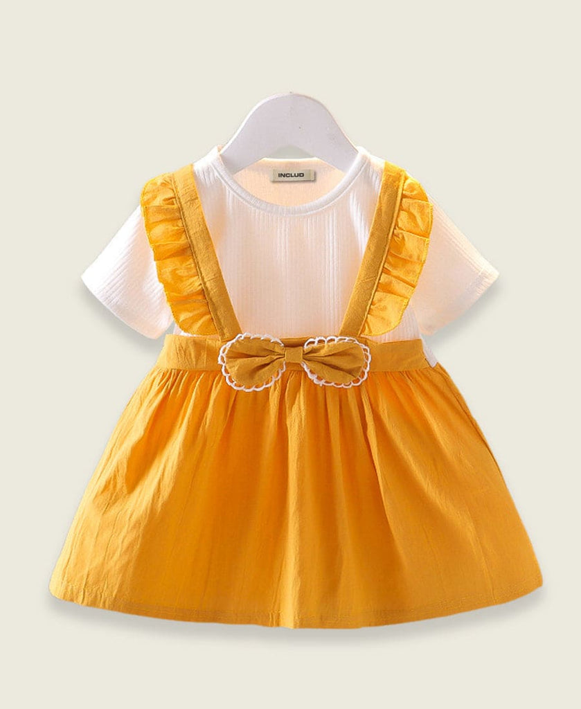 Girls Faux Strap Dress with Bow Casual Dresses Yellow 1-2 Y 