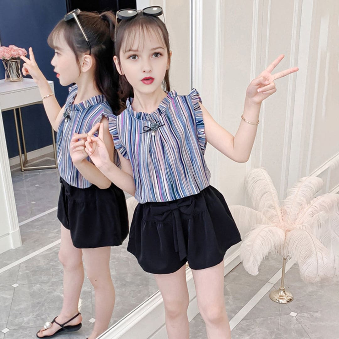 Girls Blue Striped Top with Shorts Set Sets   