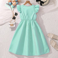 Girls Light Green Stripped Futter Sleeves Fit & Flare Casual Dress Casual Dresses