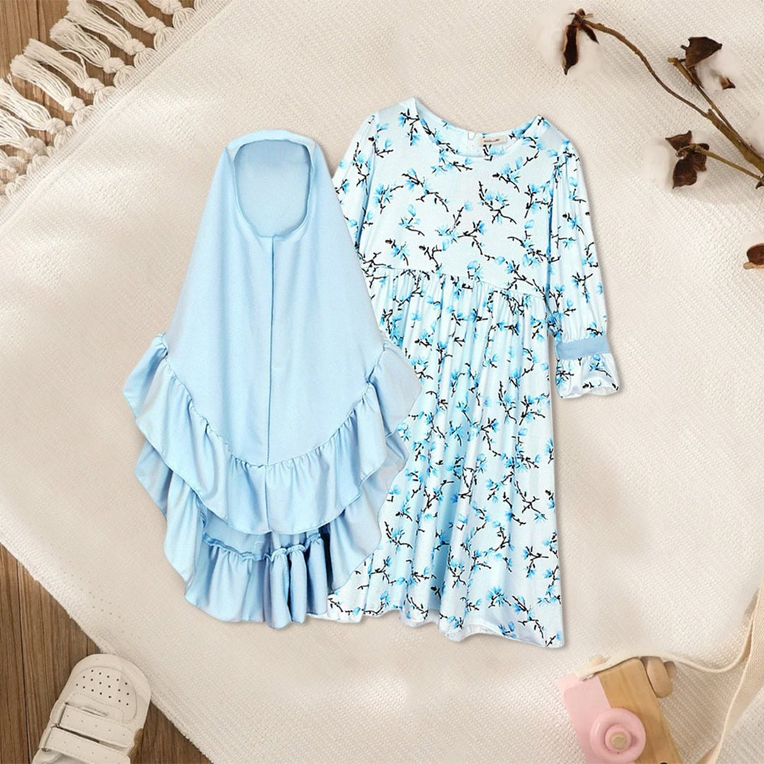 Girls Long Sleeve Floral Printed Dress With Head Scarf Casual Dresses   