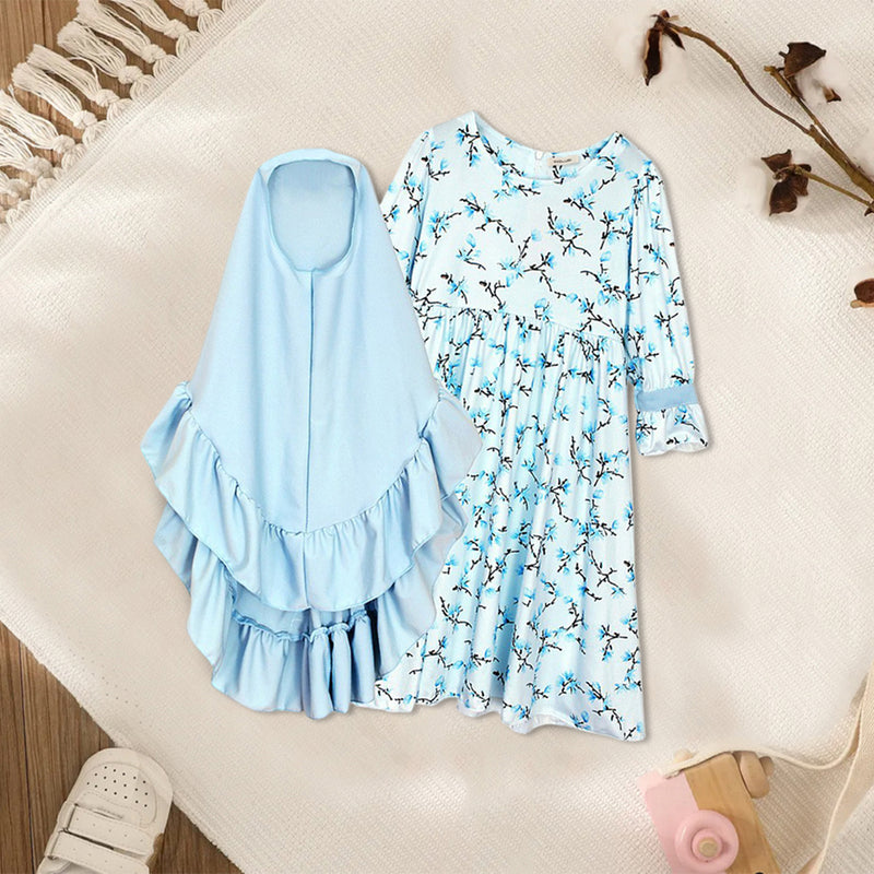 Girls Long Sleeve Floral Printed Dress With Head Scarf Casual Dresses   