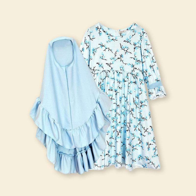 Girls Long Sleeve Floral Printed Dress With Head Scarf Casual Dresses   