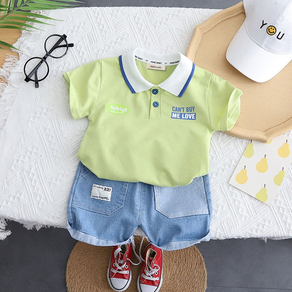 Boys Typography Print Polo T-Shirt With Denim Shorts Sets Green 1-2 Y 