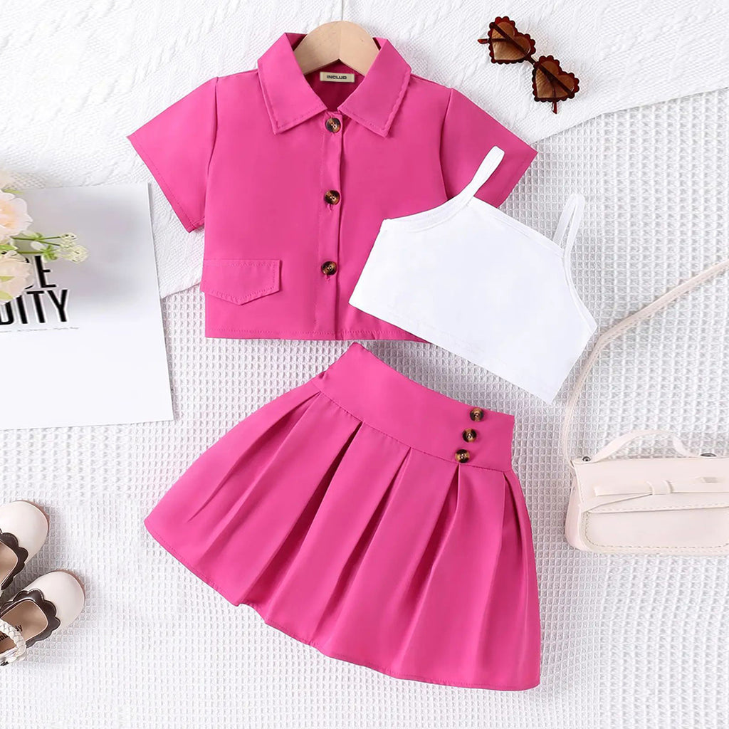 Girls Pink Camisole Top With Crop Shirt & Pleated Skirt Set