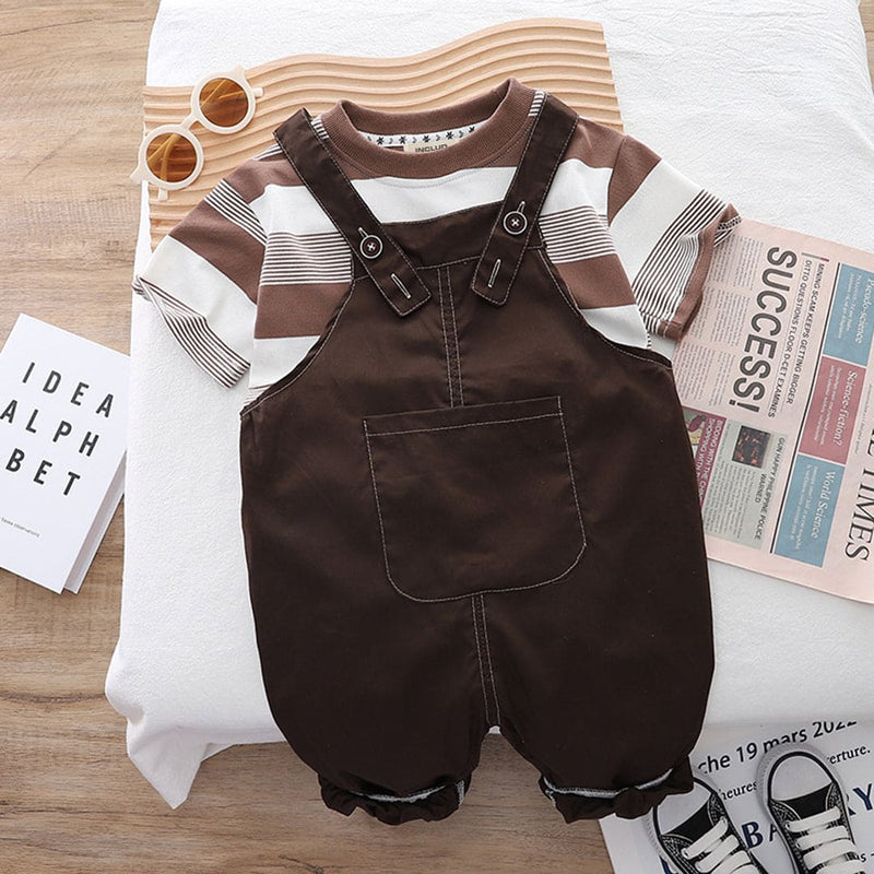 Boys Striped T-Shirt With Dungaree Sets Brown 1-2 Y 