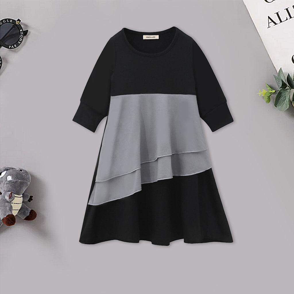 Girls Long Sleeve Colorblocked Dress With Head Scarf Casual Dresses   