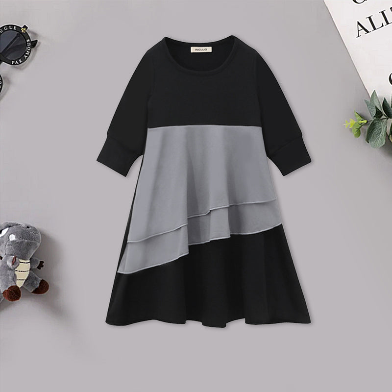 Girls Long Sleeve Colorblocked Dress With Head Scarf Casual Dresses   