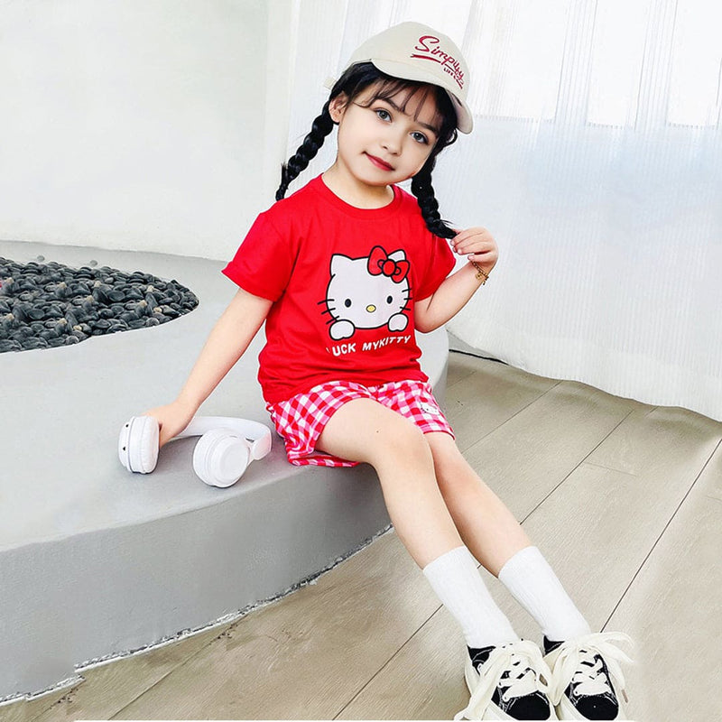 Girls Cartoon Graphic Top With Checked Shorts sets   