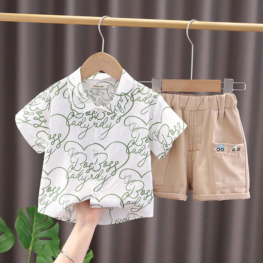 Girls All Over Printed Shirt with Shorts Set Sets Green 1-2 Y 