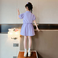 Girls Puff Sleeves Top With Overlap Skirt Set Sets   