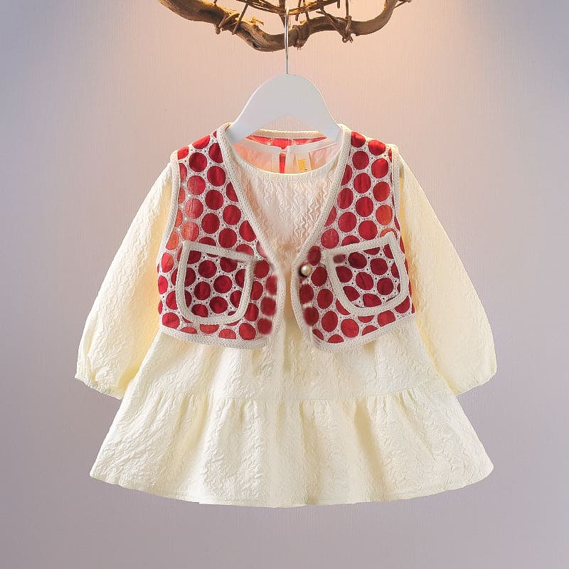 Girls Textured Full Sleeves Dress with Printed Shrug