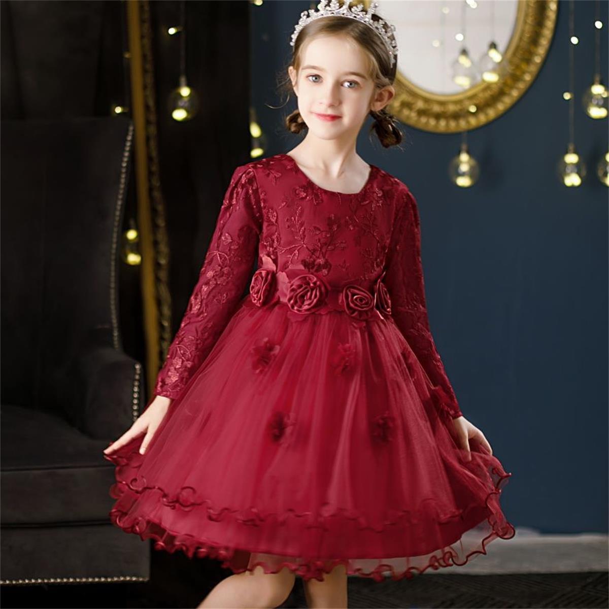 Girls Embroidered Knee Length Tutu Dress Party Dresses Red 4-5 Y