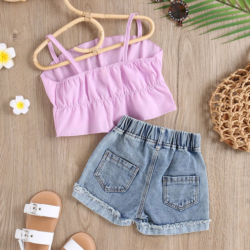 Girls Purple Sleeveless Crop Top With Denim Shorts Set Sets   