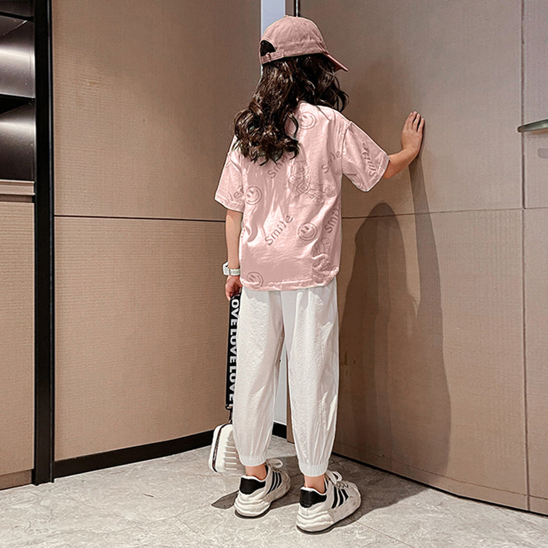 Girls Pink Smiley Print Short Sleeves T-Shirt With Joggers Set Sets