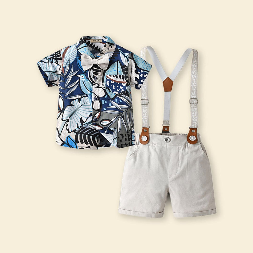 Boys Printed Shirt with Suspender Shorts Set