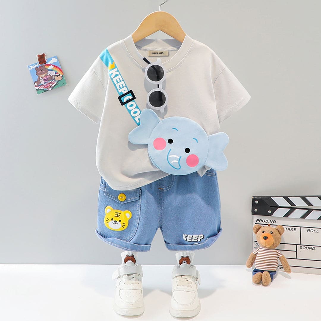 Boys Grey 3D Patch Applique T-shirt & Denim Shorts Set Sets   