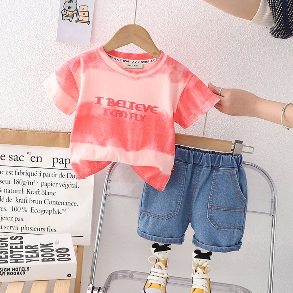 Boys Tie & Dye Short Sleeve T-Shirt With Denim Shorts Sets Pink 1-2 Y