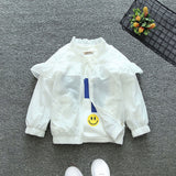 Girls White Flower Embroidered Ruffled Front Open Fashion Jacket