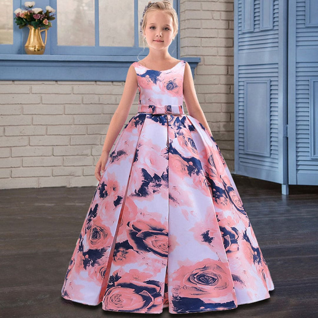 Girls Floral Print Pleated Gown