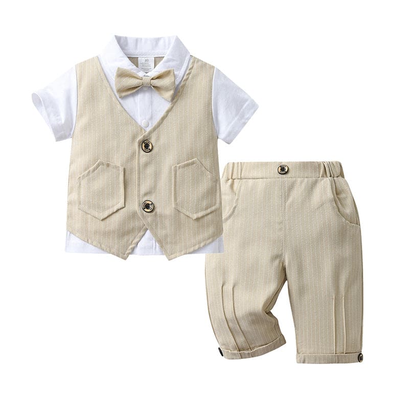 Boys Khaki Bow-Tie Shirt with Striped Trousers & Waistcoat Set 3 pc. Sets Khaki 1-2 Y 