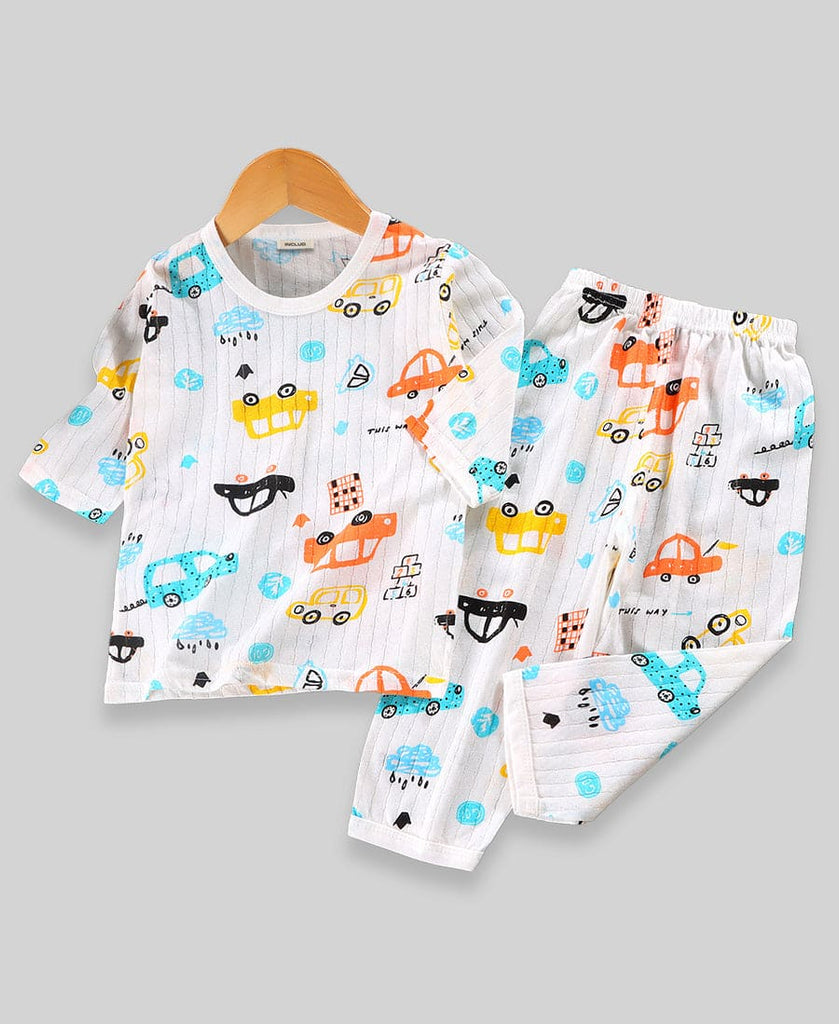 Boys White Car Printed Printed Night Wear Sets Style 9 1-2 Y 