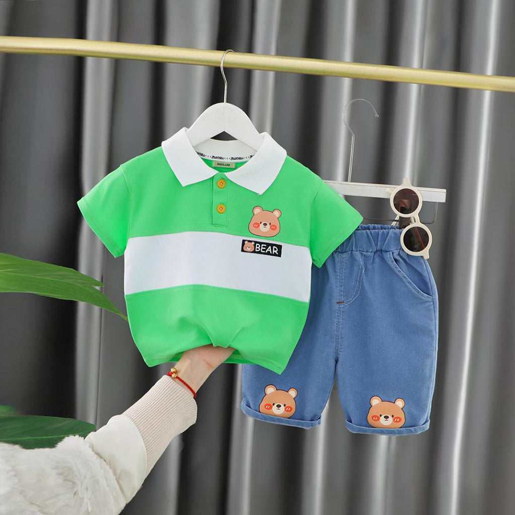 Boys Bear Printed T-shirt with Denim Shorts Set Sets Green 1-2 Y 