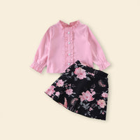 Girls Long Sleeve Frill Neck Top With Printed Skirt Sets   