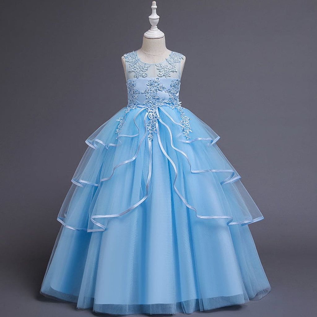 Girls Embroidered Layered Tulle Gown