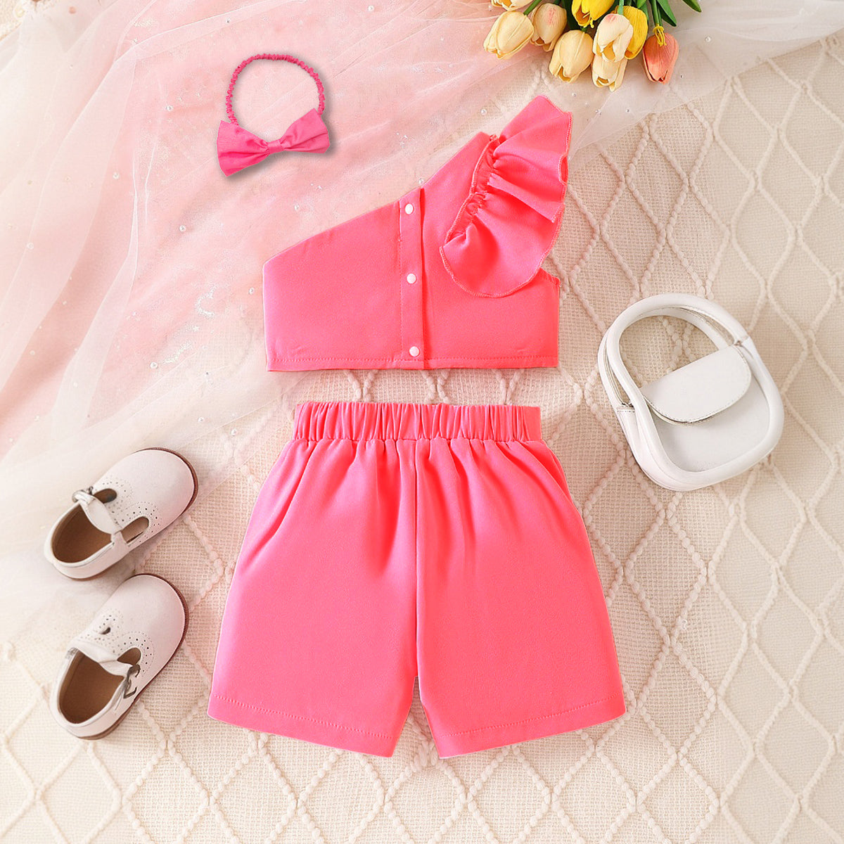 Girls Red One Shoulder Flower Applique Top With Shorts & Hairband Set 3 pc. Sets