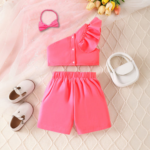 Girls Red One Shoulder Flower Applique Top With Shorts & Hairband Set 3 pc. Sets