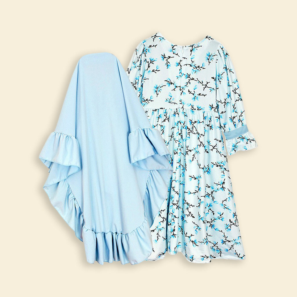 Girls Long Sleeve Floral Printed Dress With Head Scarf Casual Dresses   