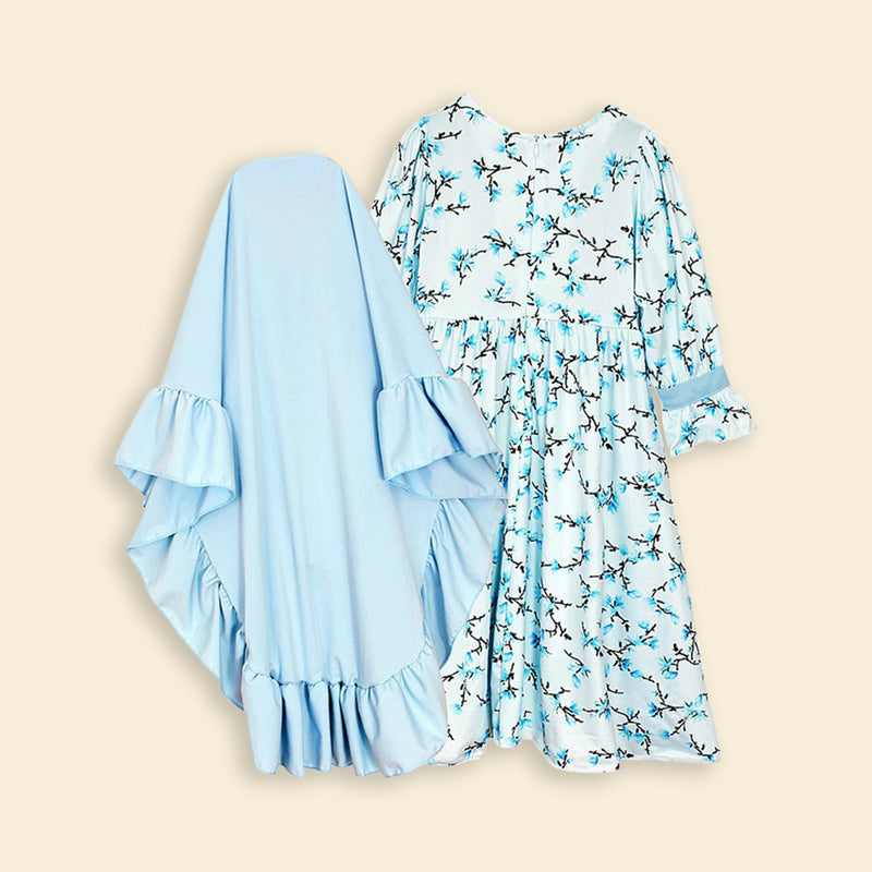Girls Long Sleeve Floral Printed Dress With Head Scarf Casual Dresses   