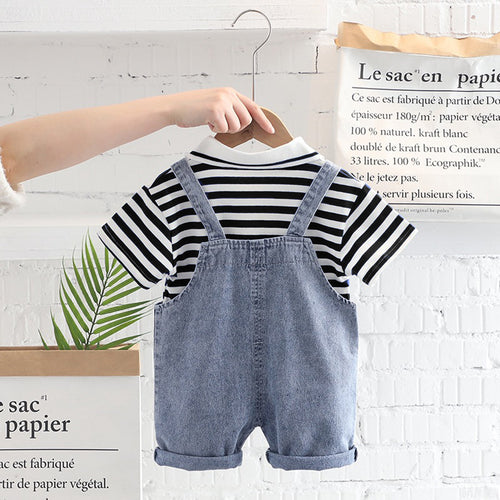 Boys Black Striped Polo T-shirt with Denim Dungaree Set Sets