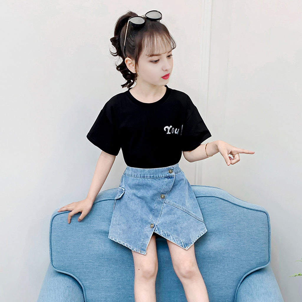 Girls Short Sleeve Black T-Shirt With Skirt Set