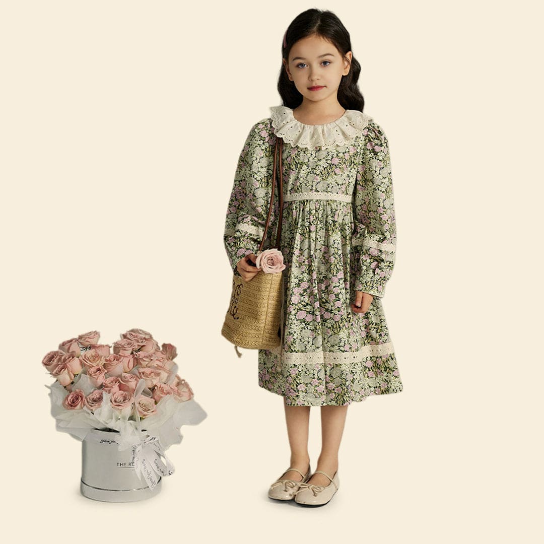 Girls Long Sleeve Floral Print Lace Collar Dress Casual Dresses   