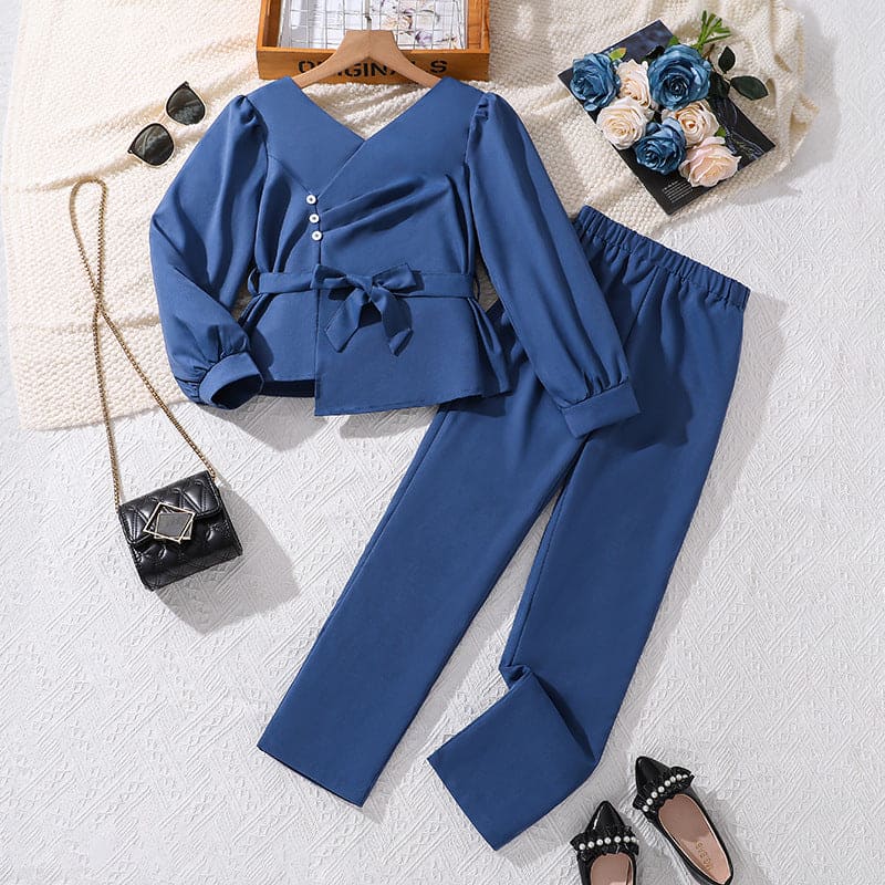 Girls Dark Blue V-Neck Top with Solid Pants Set Sets   