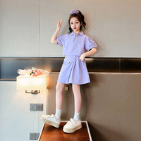 Girls Puff Sleeves Top With Overlap Skirt Set Sets   