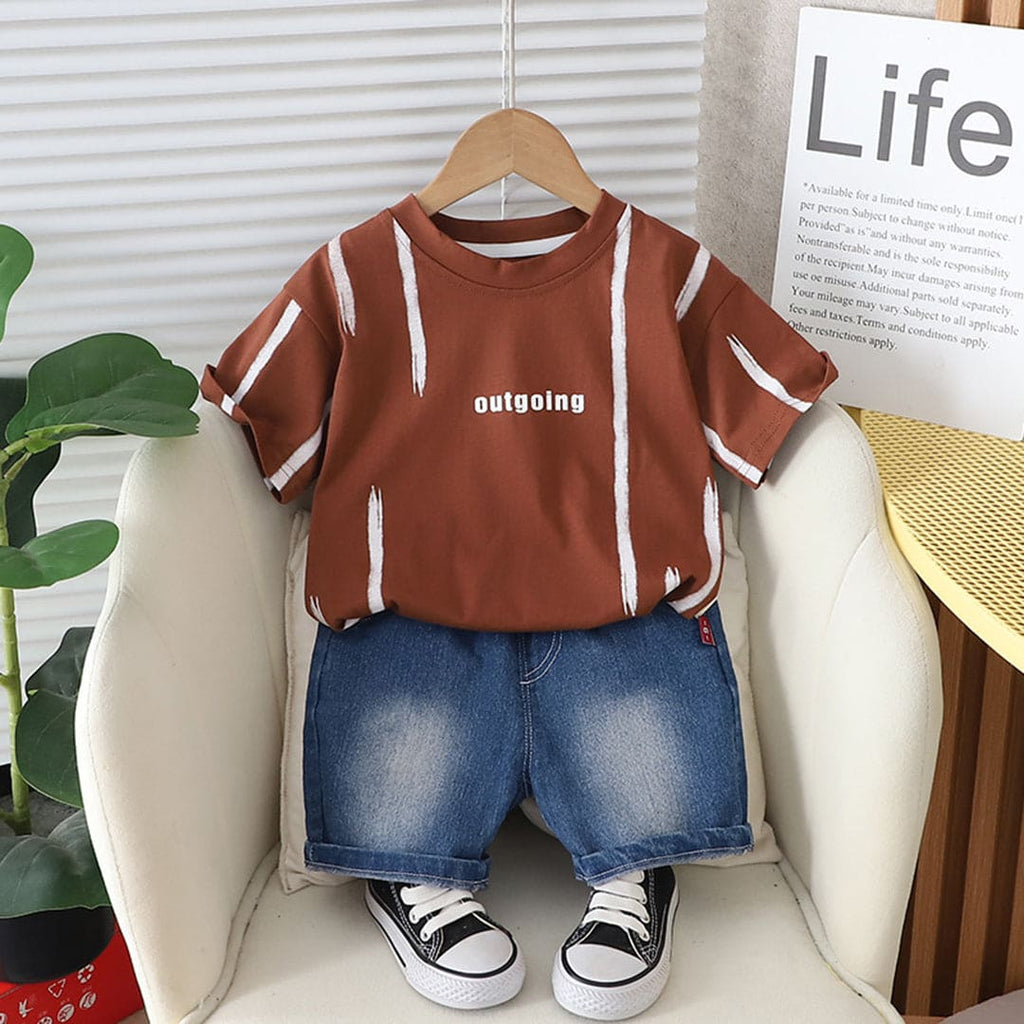 Boys Short Sleeve Printed T-Shirt With Denim Shorts 2 pc. Sets Brown 1-2 Y 