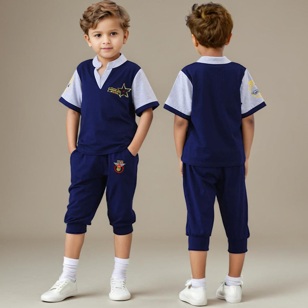 Boys V-Neck Contrast Sleeve T-Shirt With Pants