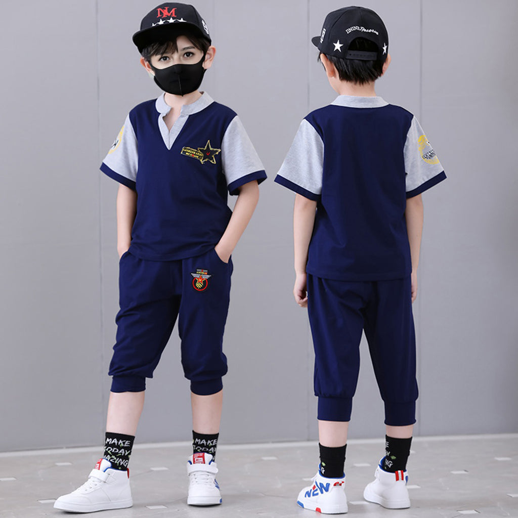 Boys V-Neck Contrast Sleeve T-Shirt With Pants