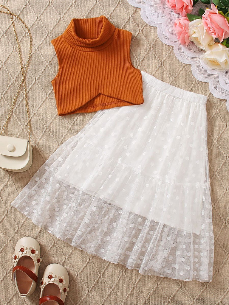 Girls Orange Turtle Neck Crop Top with Tulle Skirt Set Sets Orange 1-2 Y 