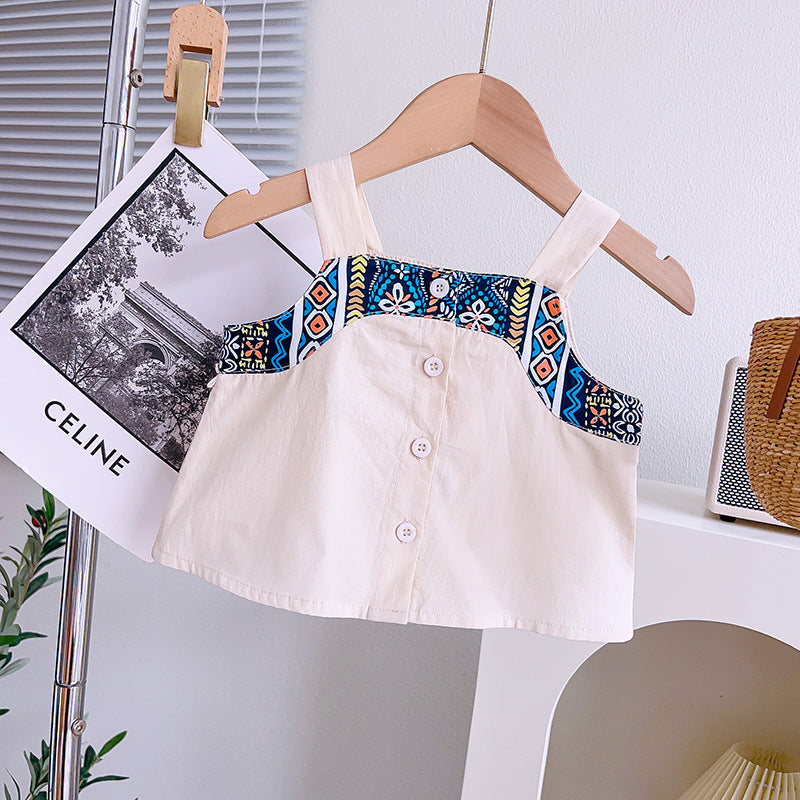 Girls Sleeveless Top With Printed Pants Sets   