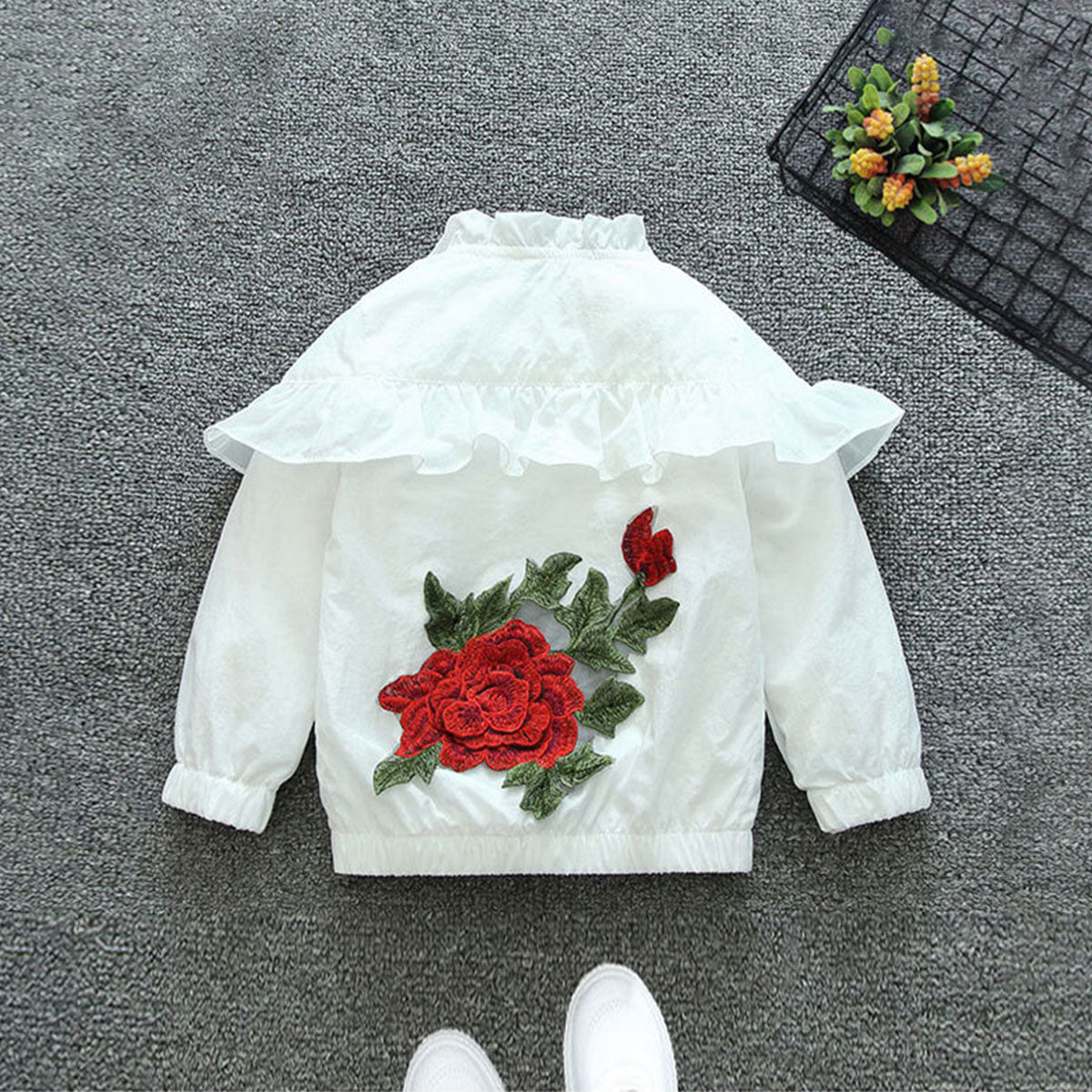 Girls White Flower Embroidered Ruffled Front Open Fashion Jacket Coats & Jackets