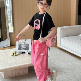 Girls Short Sleeve Graphic T-Shirt With Jogger Set Sets Black 6-7 Y 