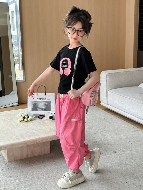 Girls Short Sleeve Graphic T-Shirt With Jogger Set Sets Black 6-7 Y 