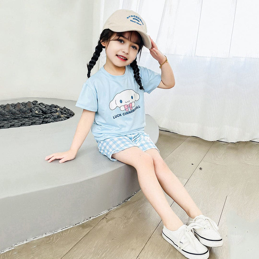 Girls Cartoon Graphic Top With Checked Shorts sets   