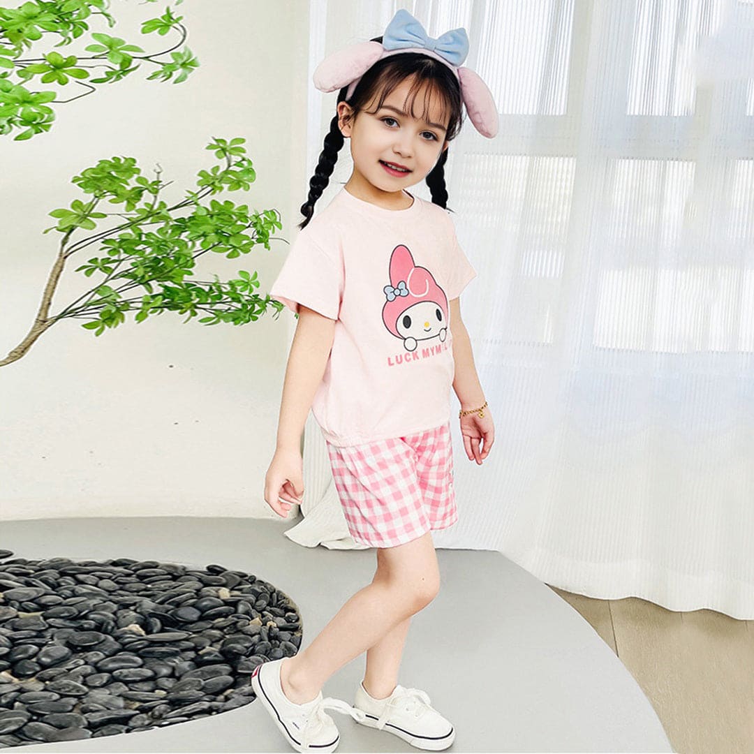 Girls Cartoon Graphic Top With Checked Shorts sets   