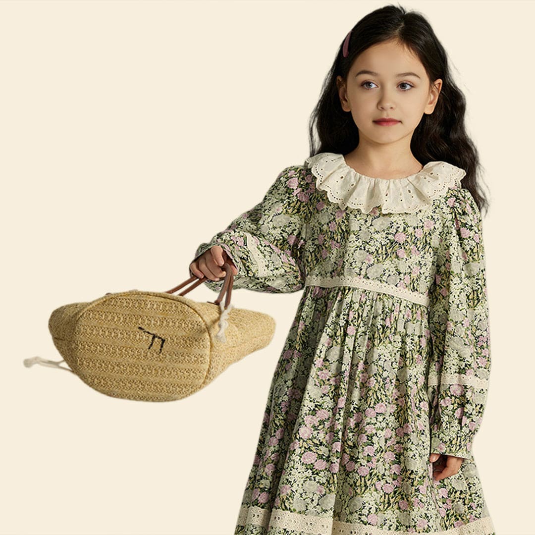 Girls Long Sleeve Floral Print Lace Collar Dress Casual Dresses   