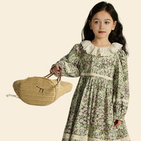 Girls Long Sleeve Floral Print Lace Collar Dress Casual Dresses   