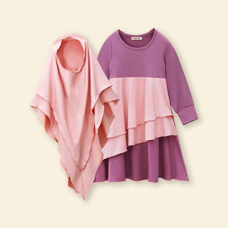 Girls Long Sleeve Colorblocked Dress With Head Scarf Casual Dresses   